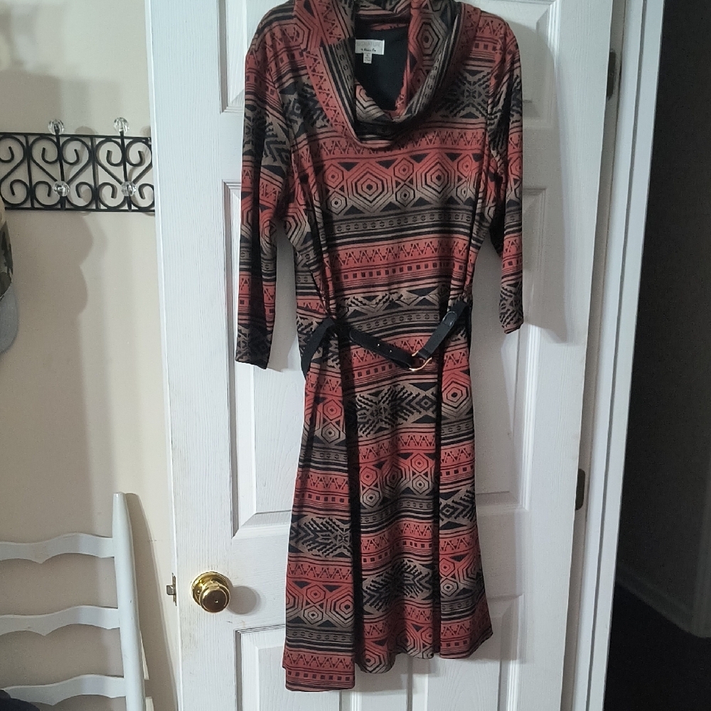 Signature by Robbie Bee Rust And Brown Cowl Neck 3/4 Sleeve Dress